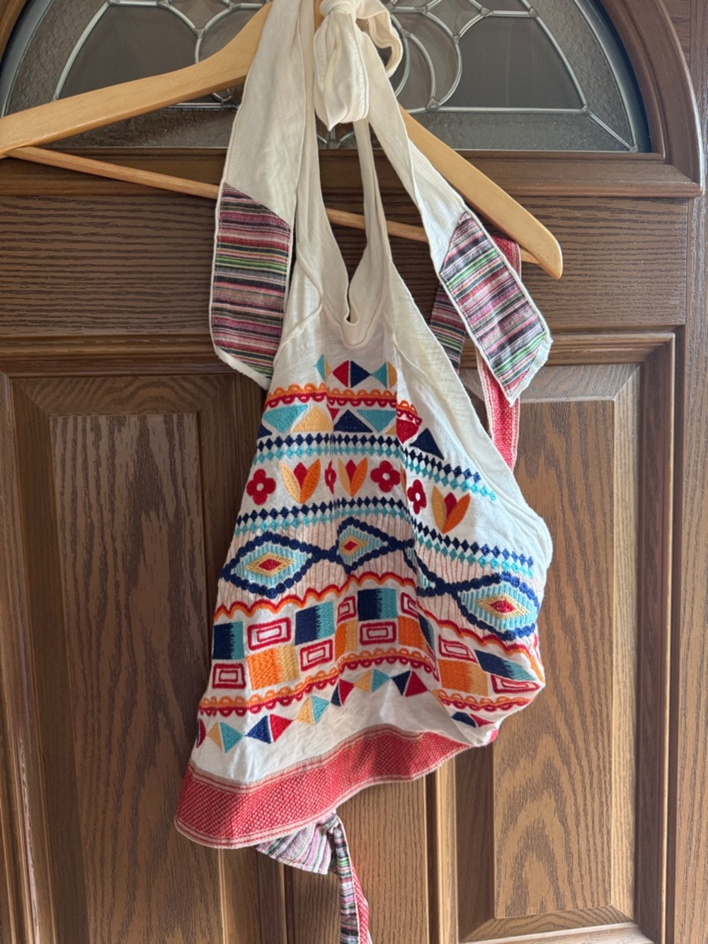 Altered State Boho Embroidered Cotton Halter Top in Cream & Multicolor